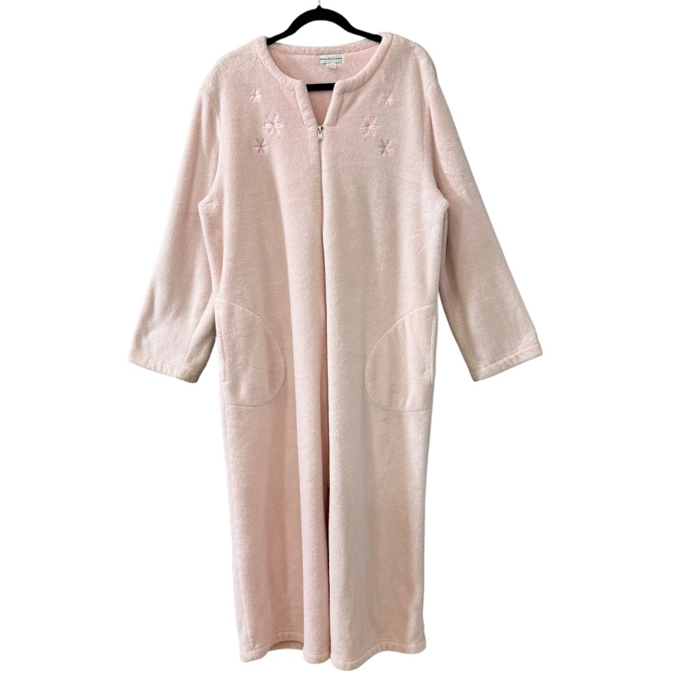 Miss Elaine Powder Pink Embroidered Fleece Zip Robe Large Housecoat Pockets